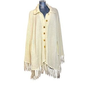Vintage 1970s Cream Shawl Oversized Sweater Fringe Ivory Button Cardigan
